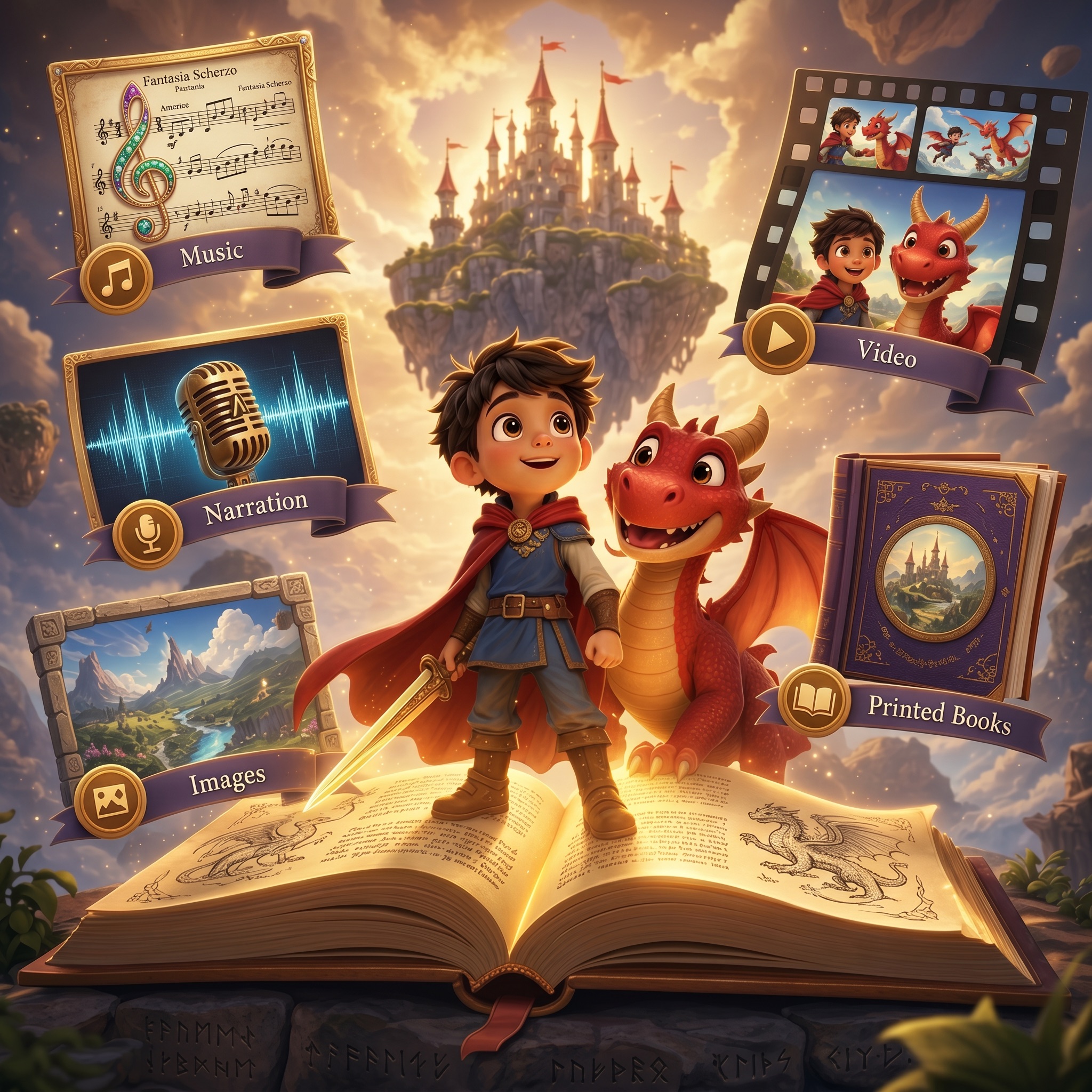 Fable AI story generator hero background with illustrated characters